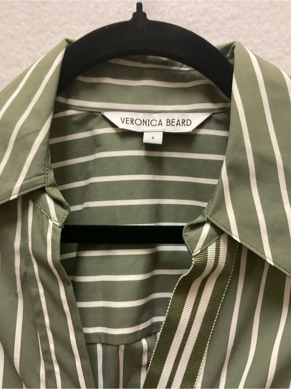 Veronica Beard Olive Green & White Striped Ruched Button-Down Shirt - Picture 3 of 5